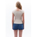 Bej Pamuklu Bot Yaka Tişört